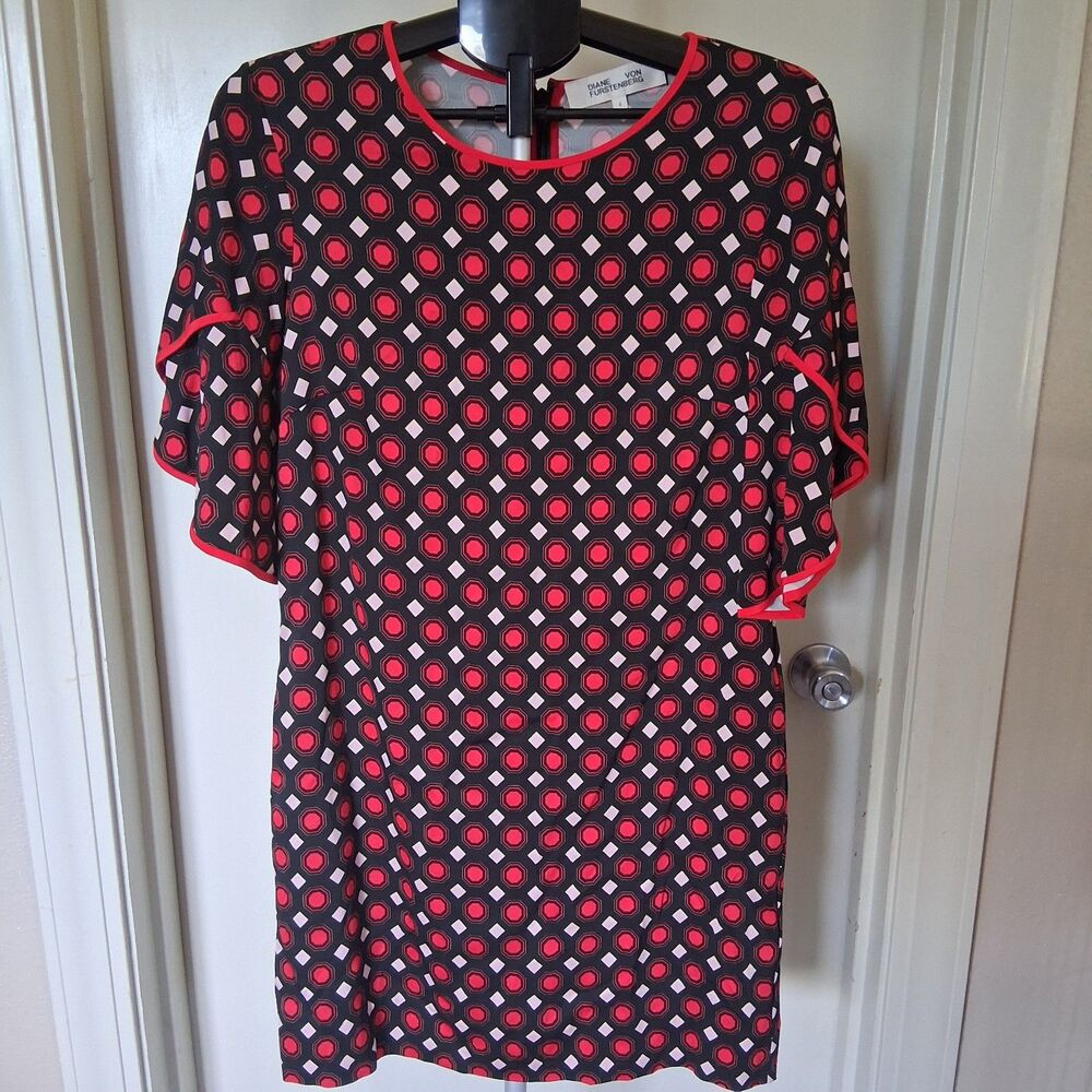 VNTG Diane Von Furstenberg Artsy Geometric Print Tulip Sleeve Shift Dress Sz 4